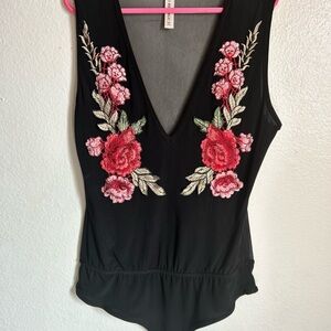 Black Floral Embroidered Bodysuit